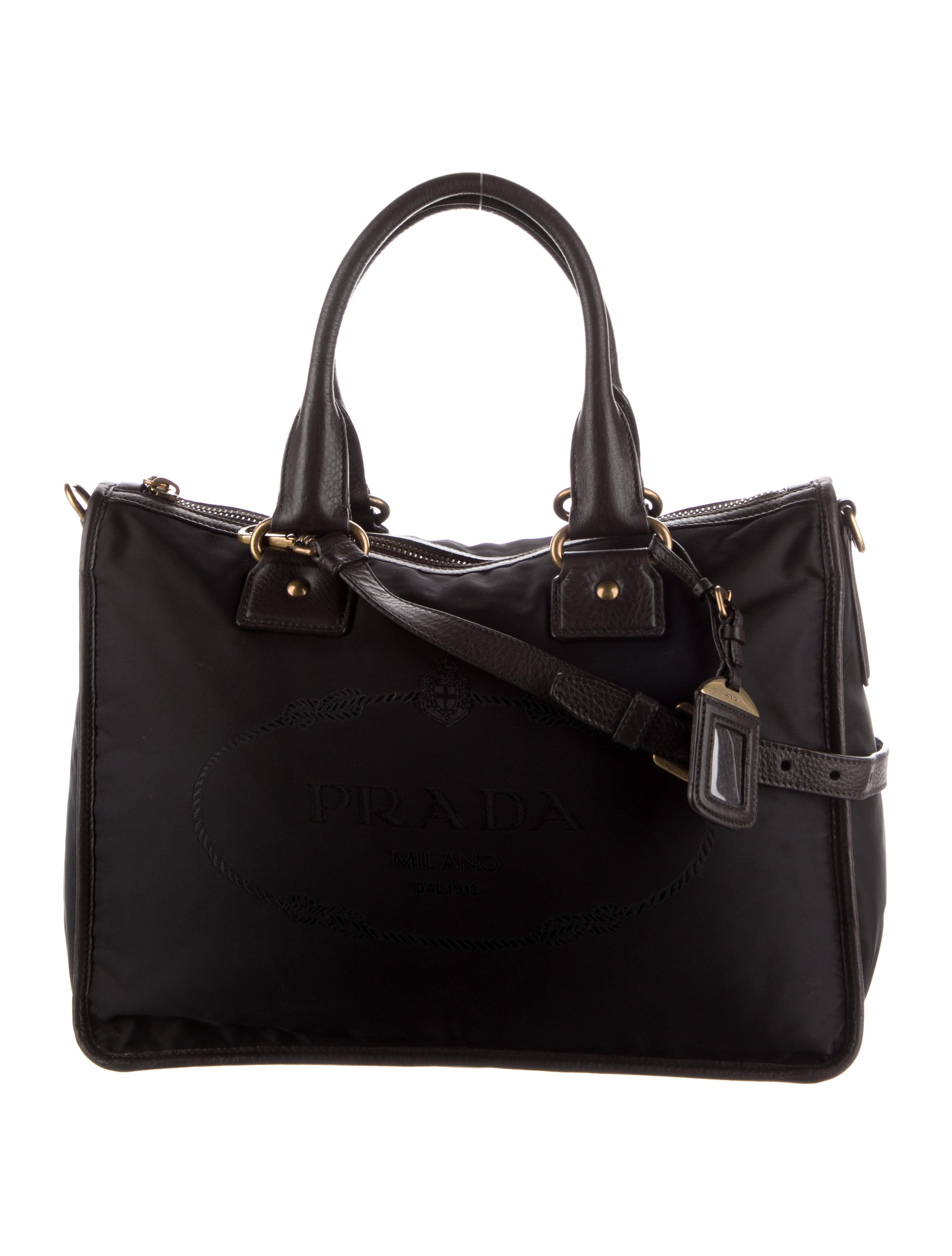 Prada VitelloTrimmed Tessuto Logo Jacquard Messenger Bag Black Crossbody Bags, Handbags