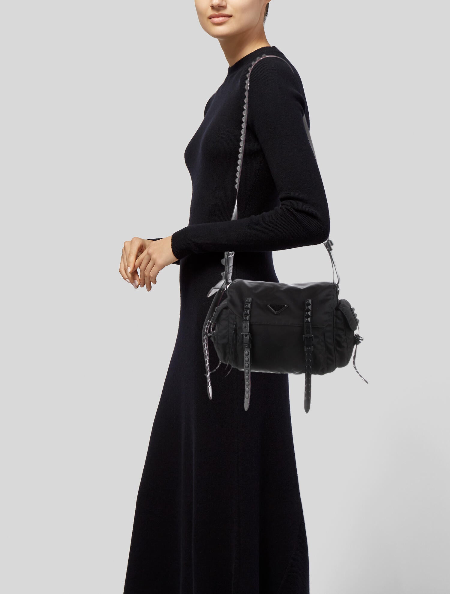 美品✨ プラダ VELA メッセンジャーバッグ 三角ロゴ Gカード付 ブラウン Prada Black/Blue Nylon and Leather New Vela Studded