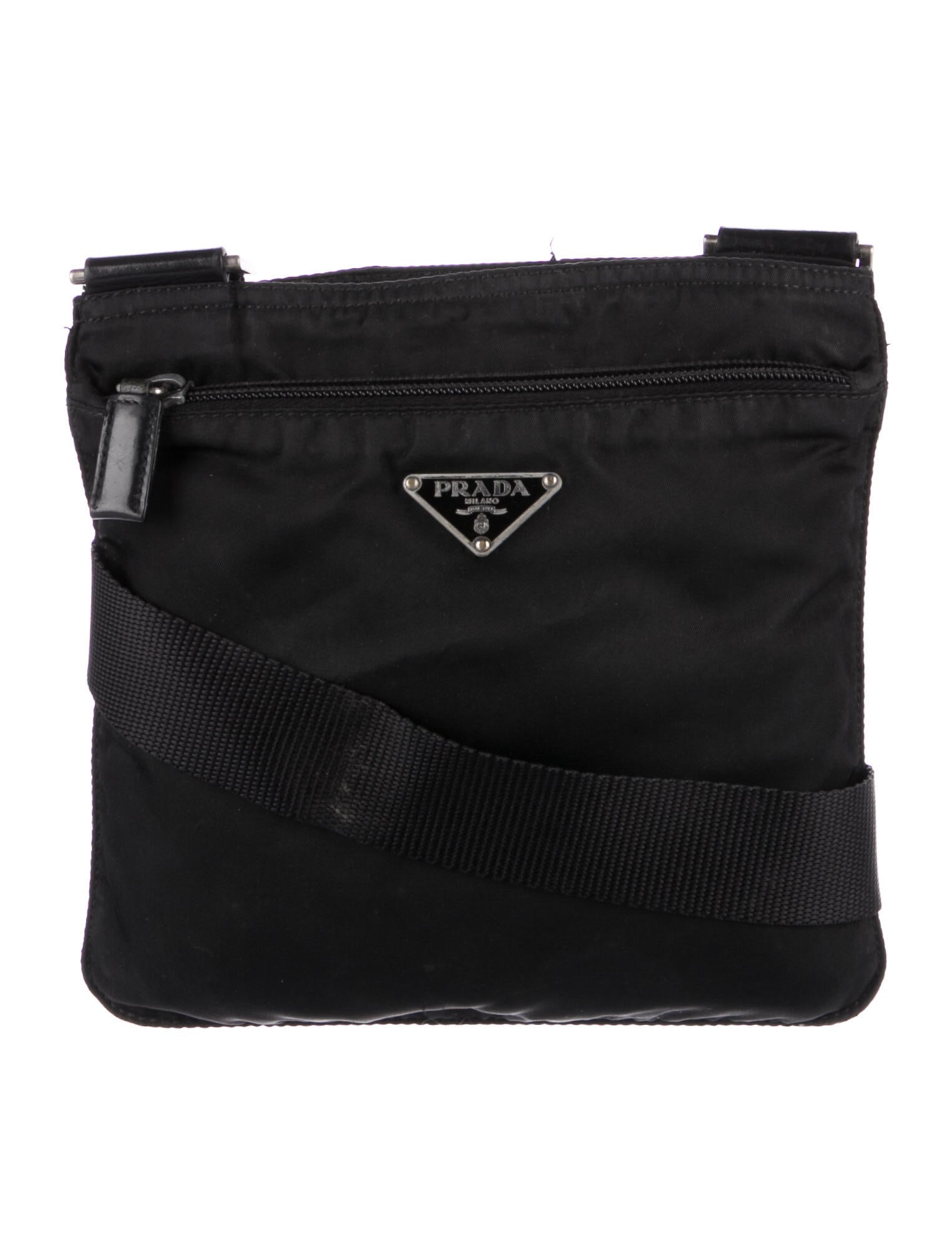 Prada Small Tessuto Flat Messenger Bag Black Crossbody Bags, Handbags