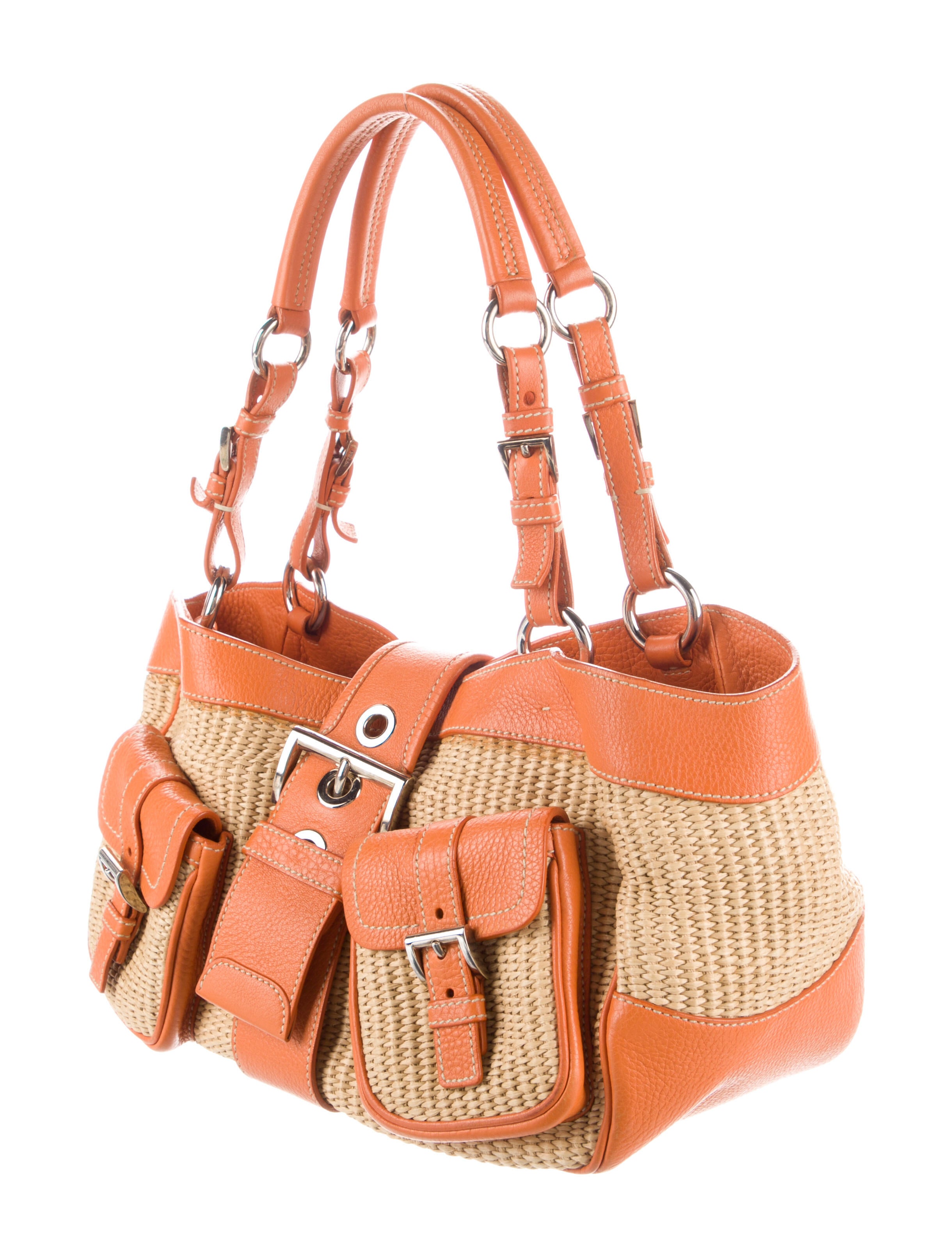 Prada LeatherTrimmed Raffia Buckle Bag Orange Shoulder Bags