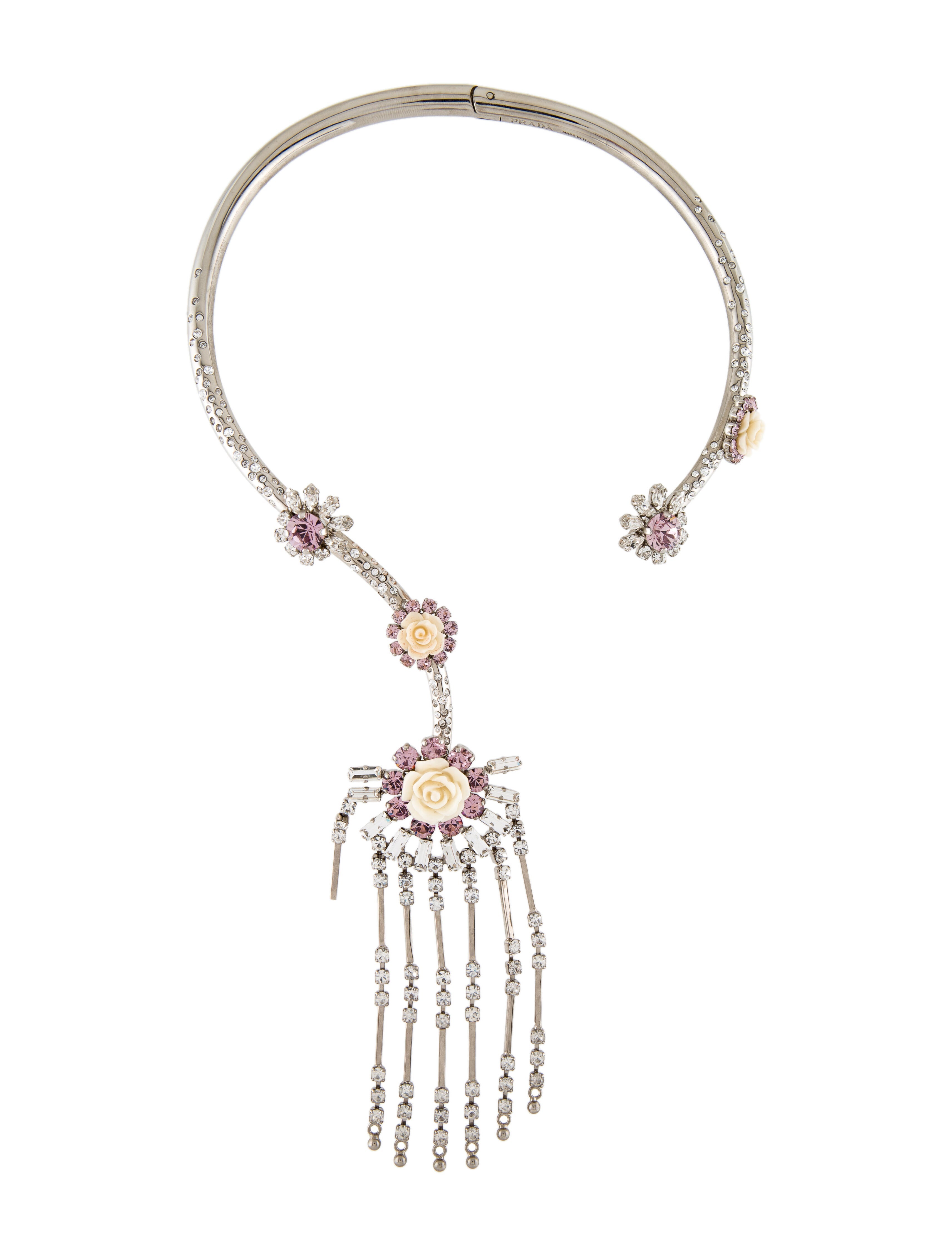 Prada Crystal & Resin Flower Collar Necklace Pink, SilverTone Metal