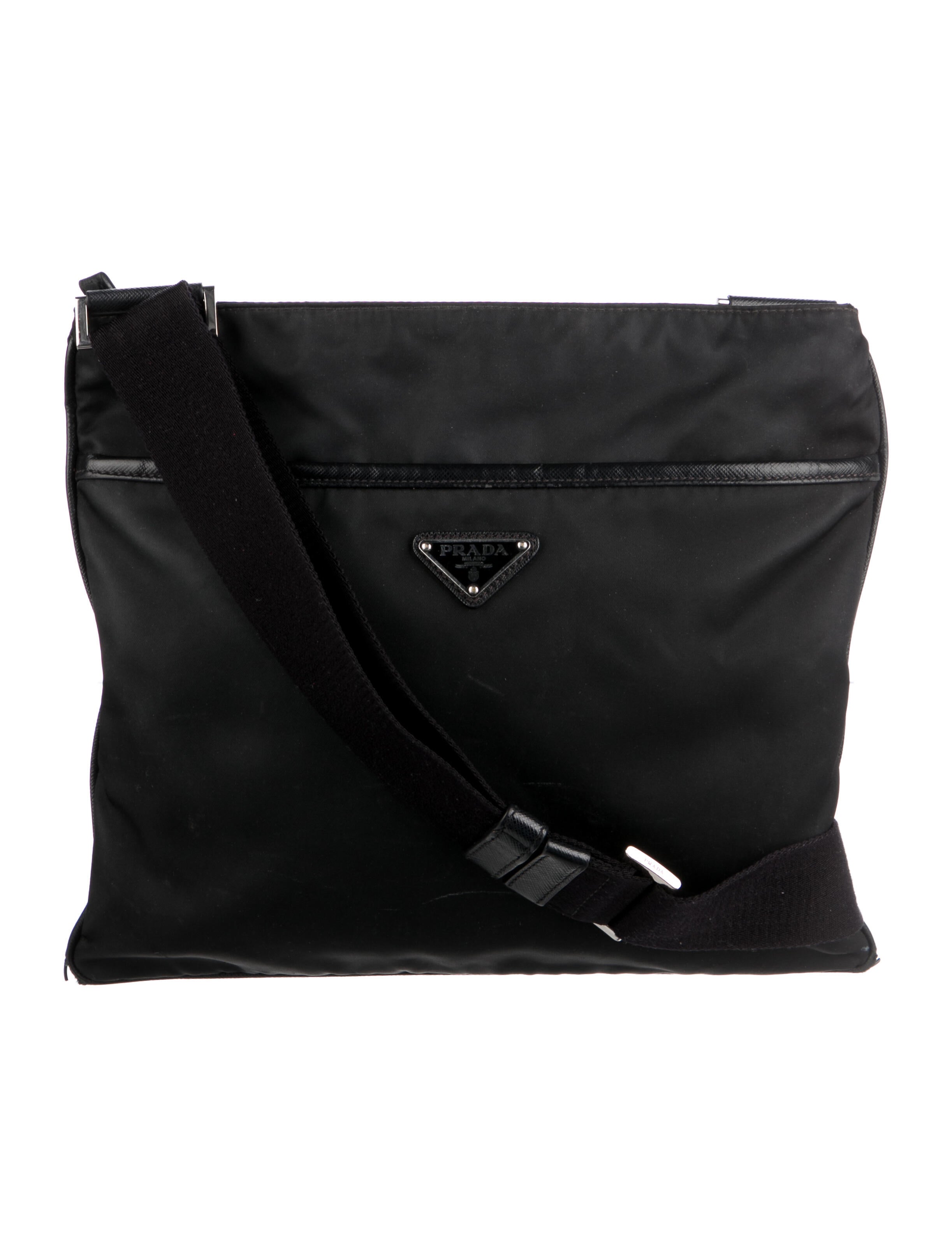 Prada SaffianoTrimmed Tessuto Messenger Bag Black Crossbody Bags