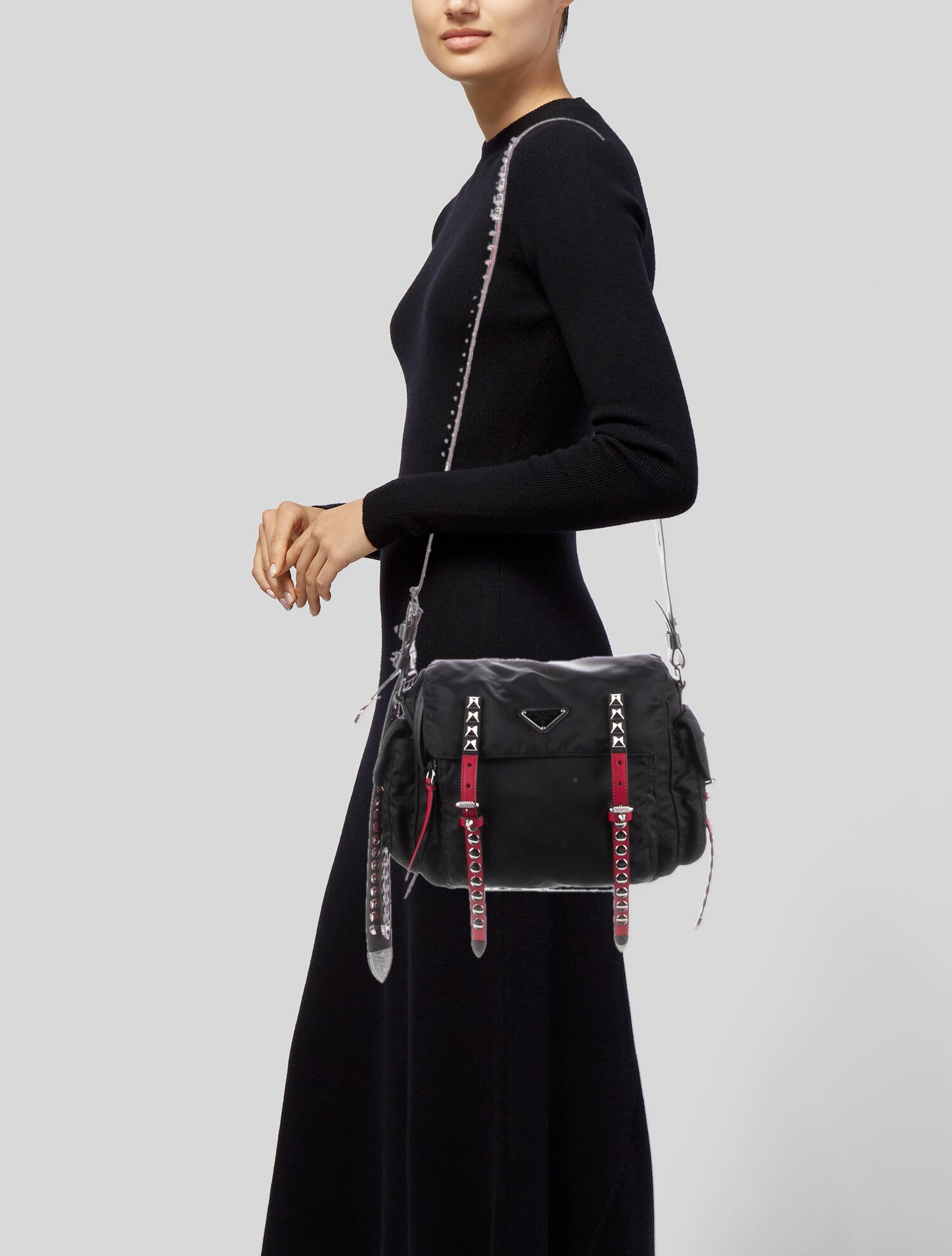 Prada New Vela Studded Messenger Bag - Black Crossbody Bags