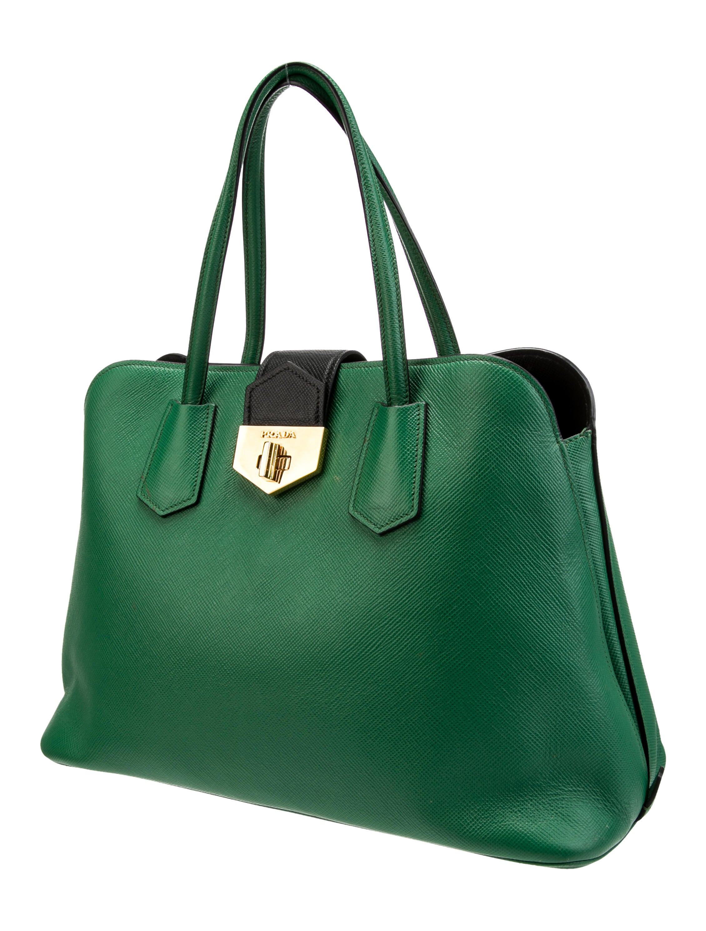 Prada Saffiano Cuir Double Handle Bag Green Handle Bags, Handbags