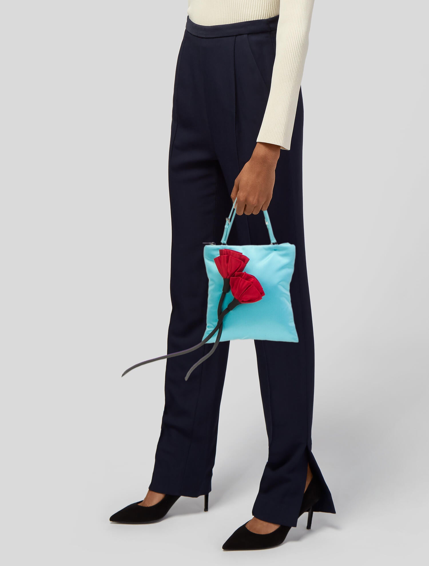 PRADA ガーメント Prada Flower Embellished Raso Mini Top Handle Bag - Blue Crossbody