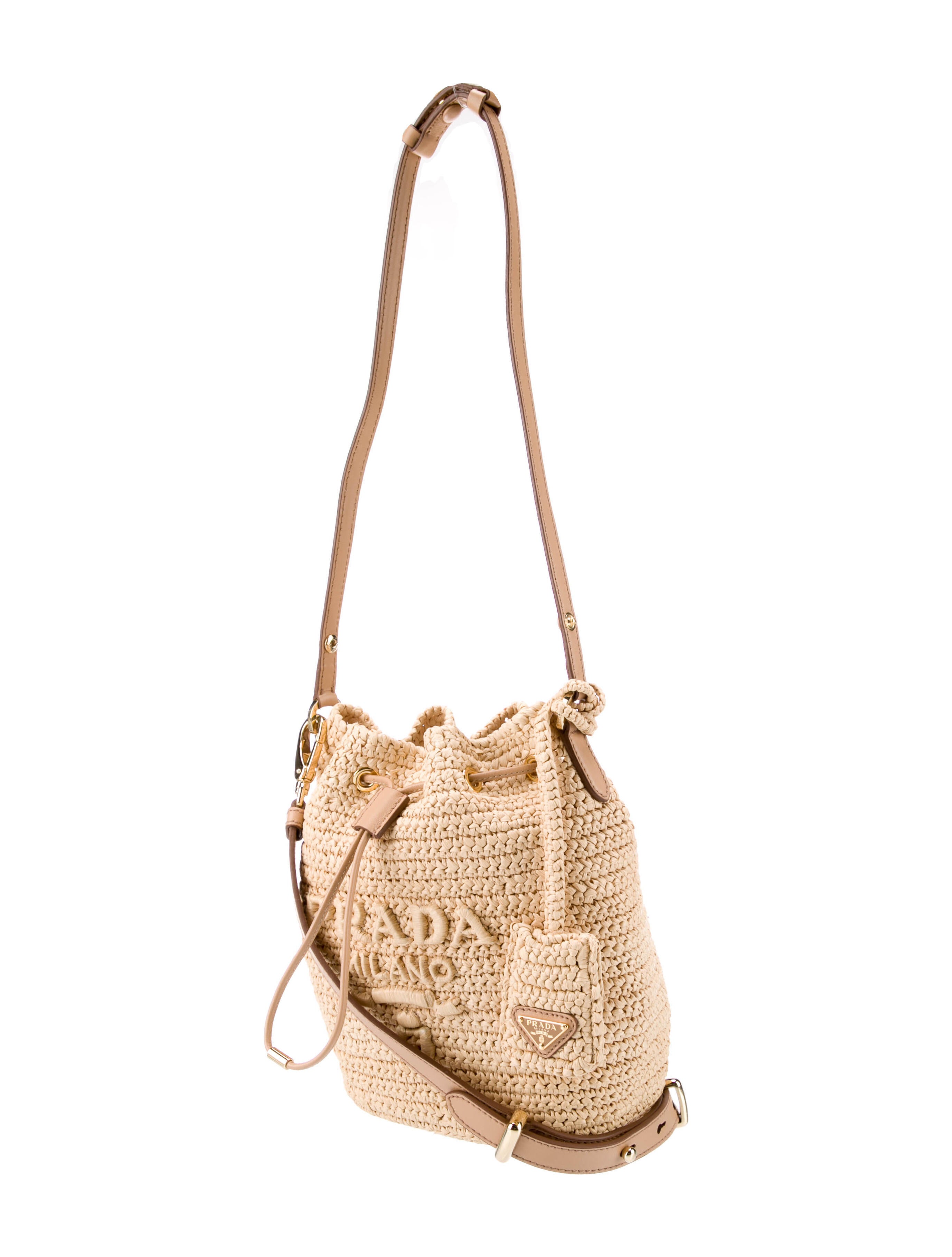PRADA ベージュ ドローストリングバッグ Prada Raffia Vitello Daino Soft Bucket Bag - Neutrals Bucket Bags