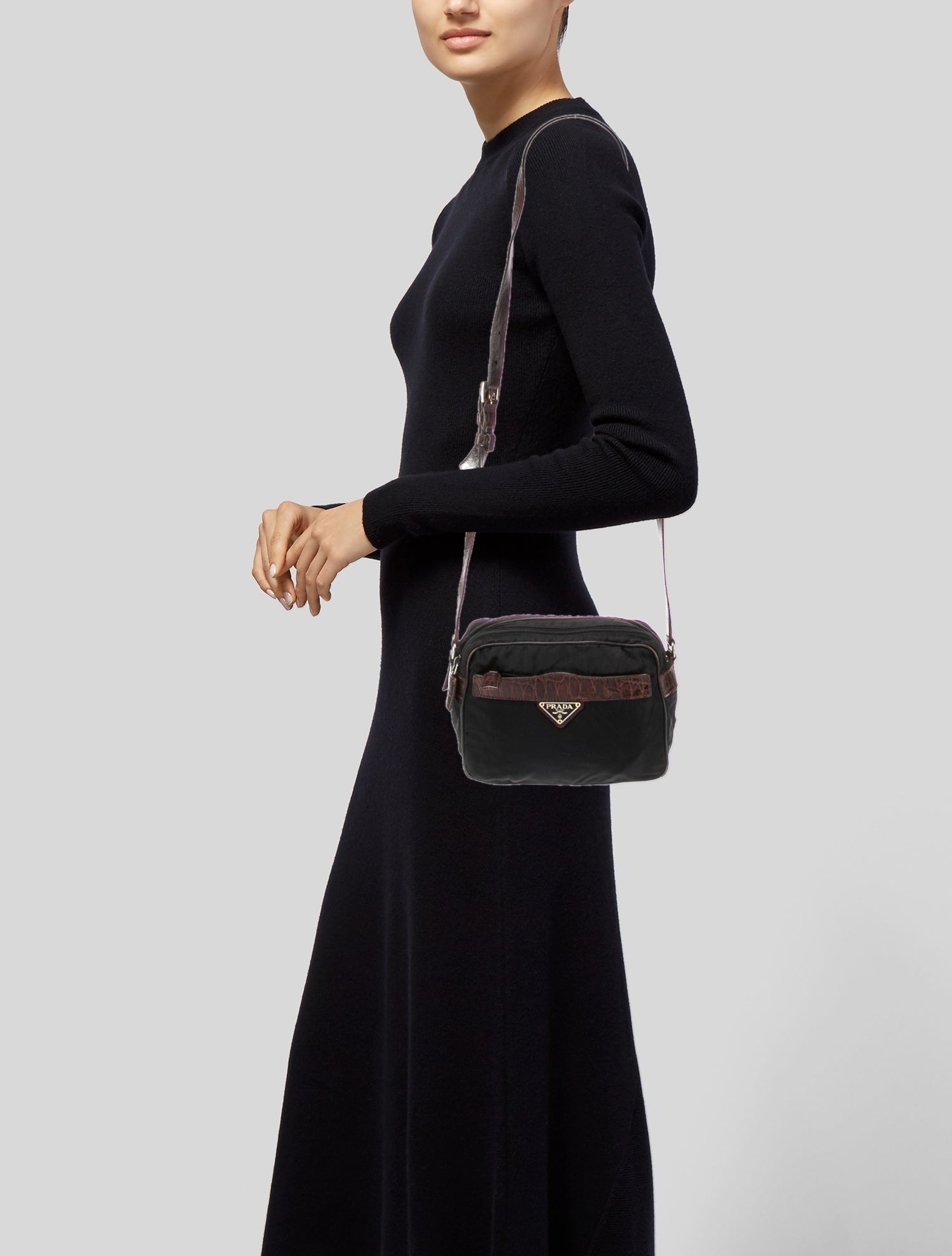 Prada Vintage Crocodile-Trim Tessuto Crossbody Bag - Black