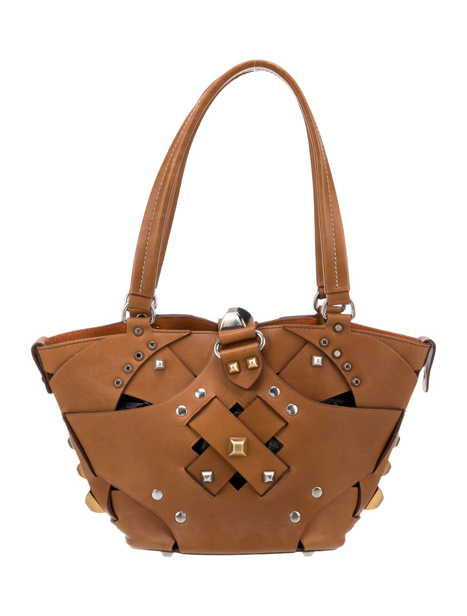 Prada Studded Vitello Intreccio Lattice Bag - Brown Handle