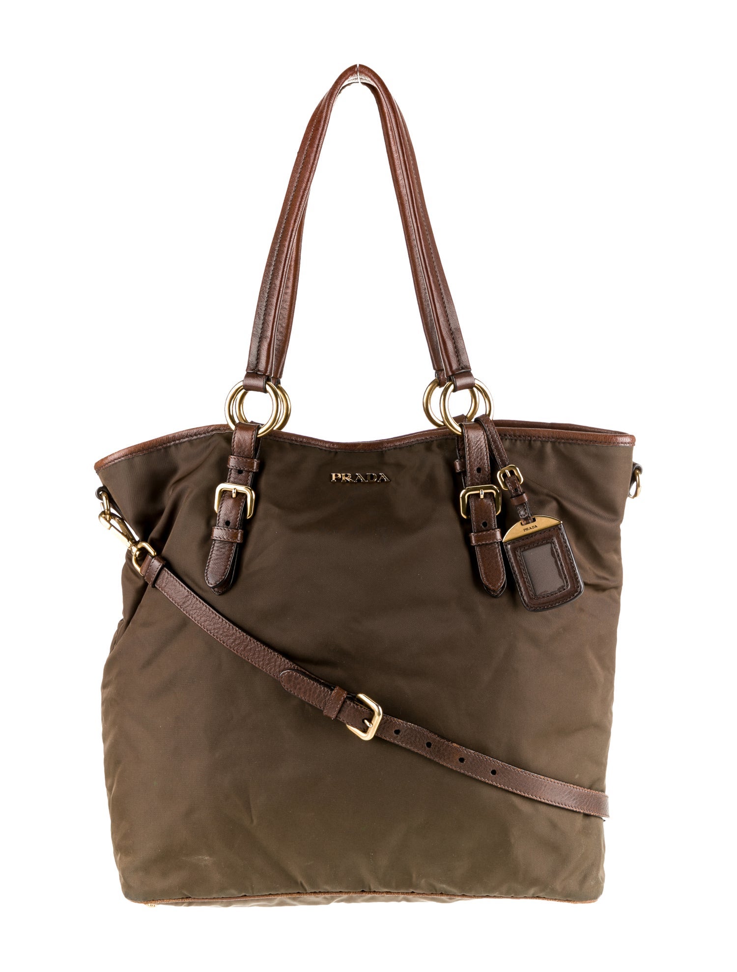 Prada LeatherTrimmed Tessuto Tote Bag Green Shoulder Bags, Handbags