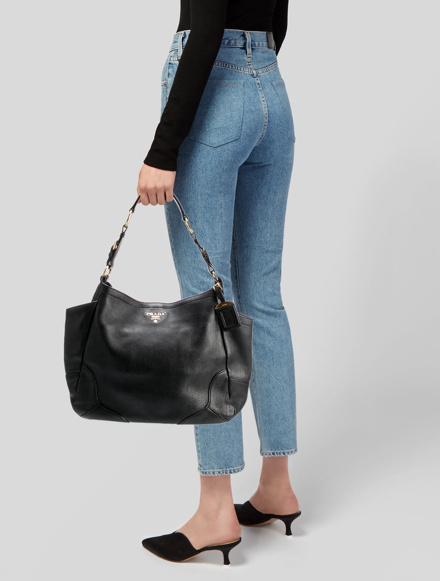 Prada Vitello Daino Side Pocket Hobo - Black Shoulder Bags