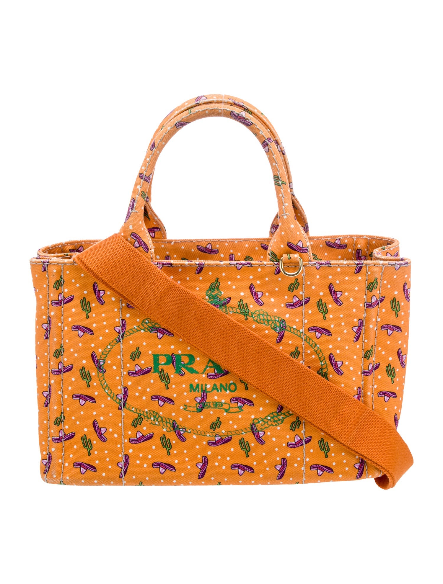 Prada Small Canapa Stampata Sombrero Logo Tote - Orange Totes  