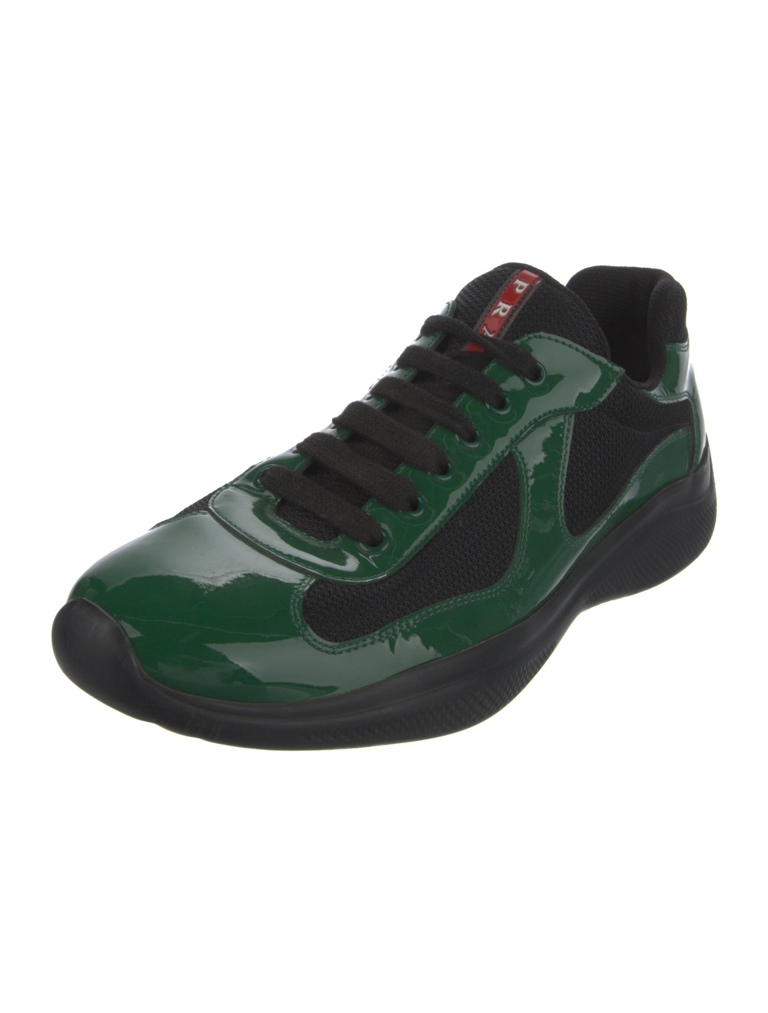PRADA ダークグリーン スクエアトゥミュール Prada Patent Leather Colorblock Pattern Sneakers - Green Sneakers