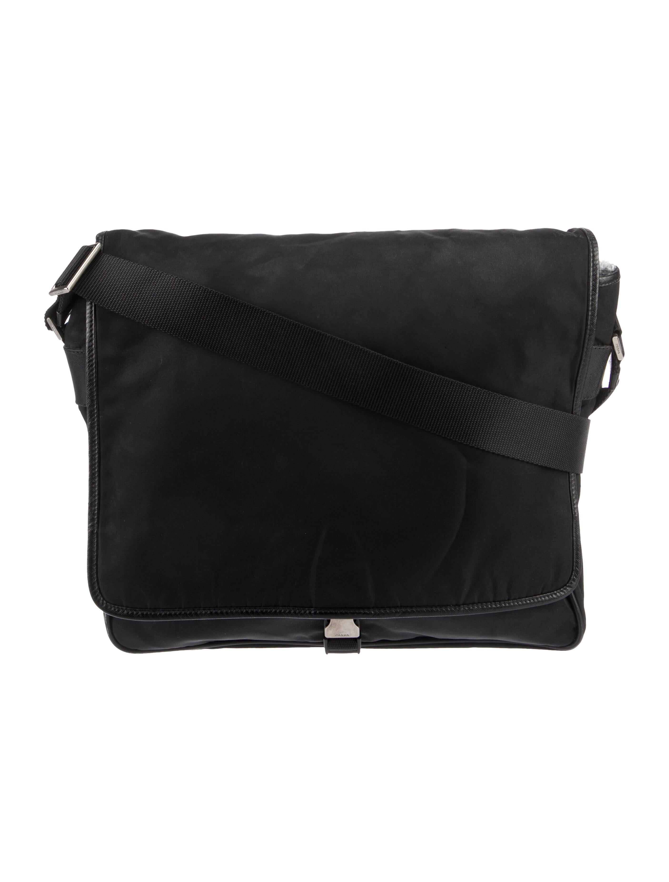 Prada SaffianoTrimmed Tessuto Messenger Bag Black Messenger Bags