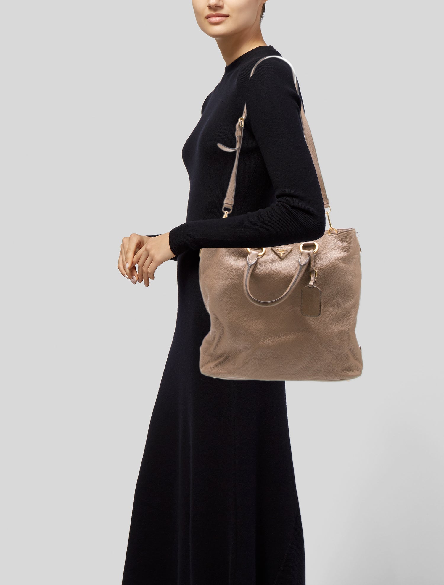 Prada Vitello Daino Expandable Shopper Tote w/ Strap Brown Totes