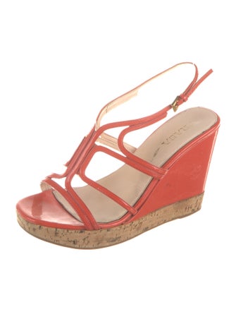 Prada Patent Leather Colorblock Pattern T-Strap Sandals