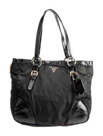 Prada Vernice-Trimmed Tessuto Tote