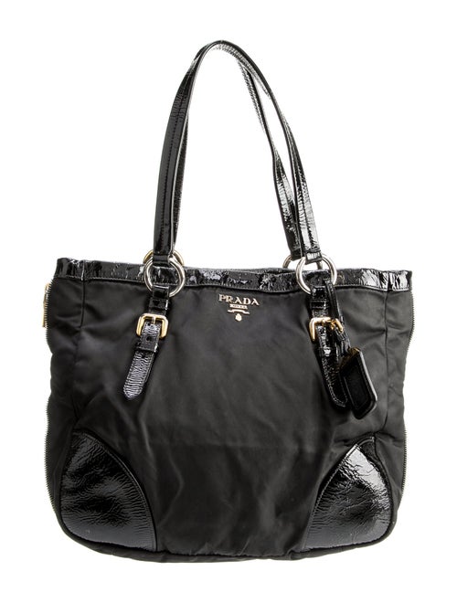 Prada Vernice-Trimmed Tessuto Tote