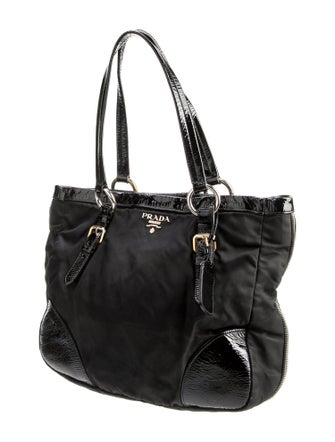 Prada Vernice-Trimmed Tessuto Tote