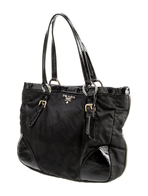 Prada Vernice-Trimmed Tessuto Tote