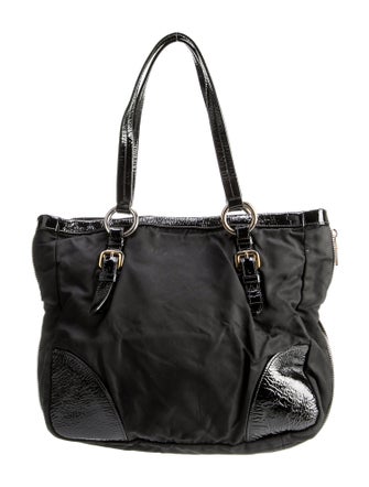 Prada Vernice-Trimmed Tessuto Tote