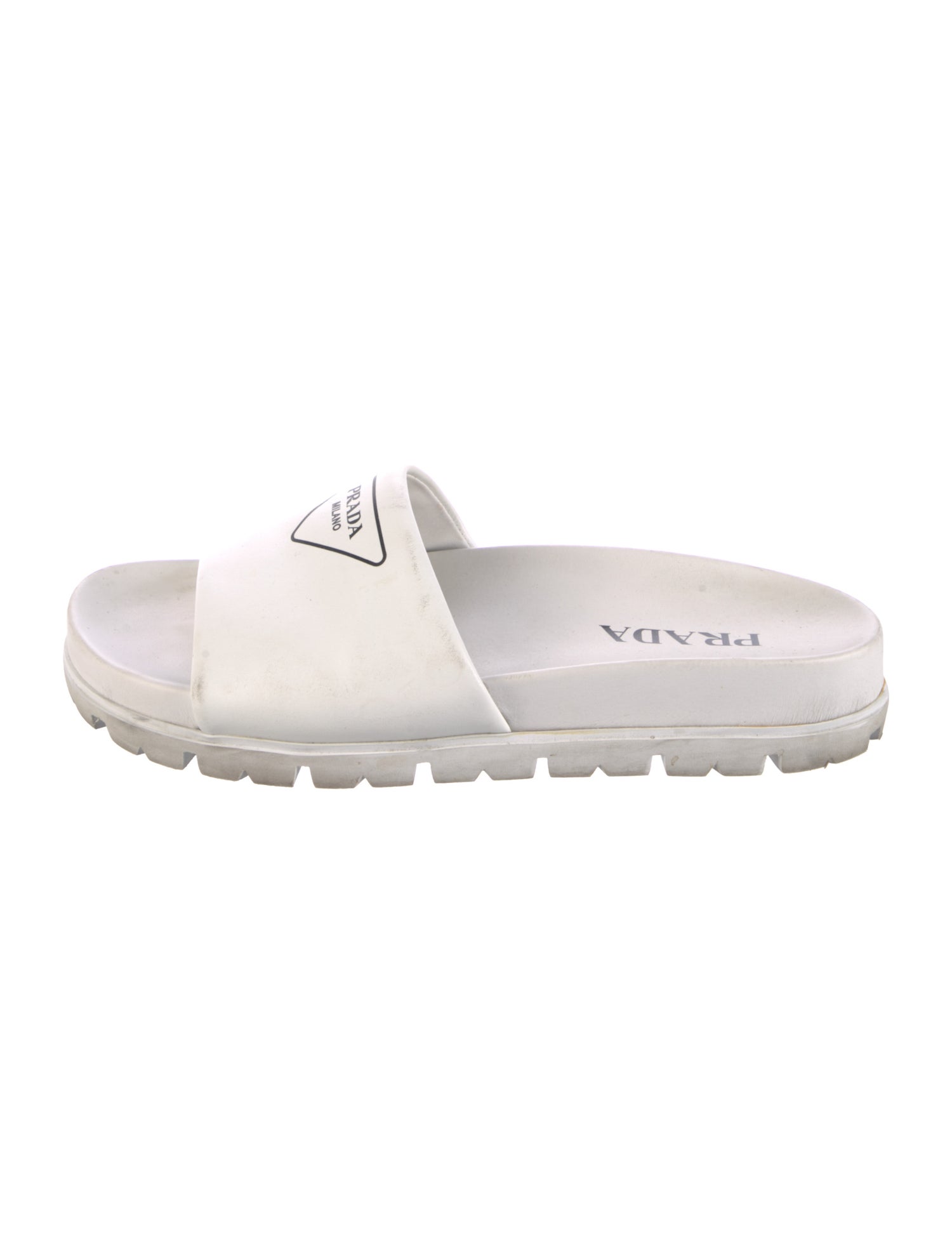 Prada Leather Graphic Print Slides - White Sandals, Shoes - PRA956406 | The  RealReal