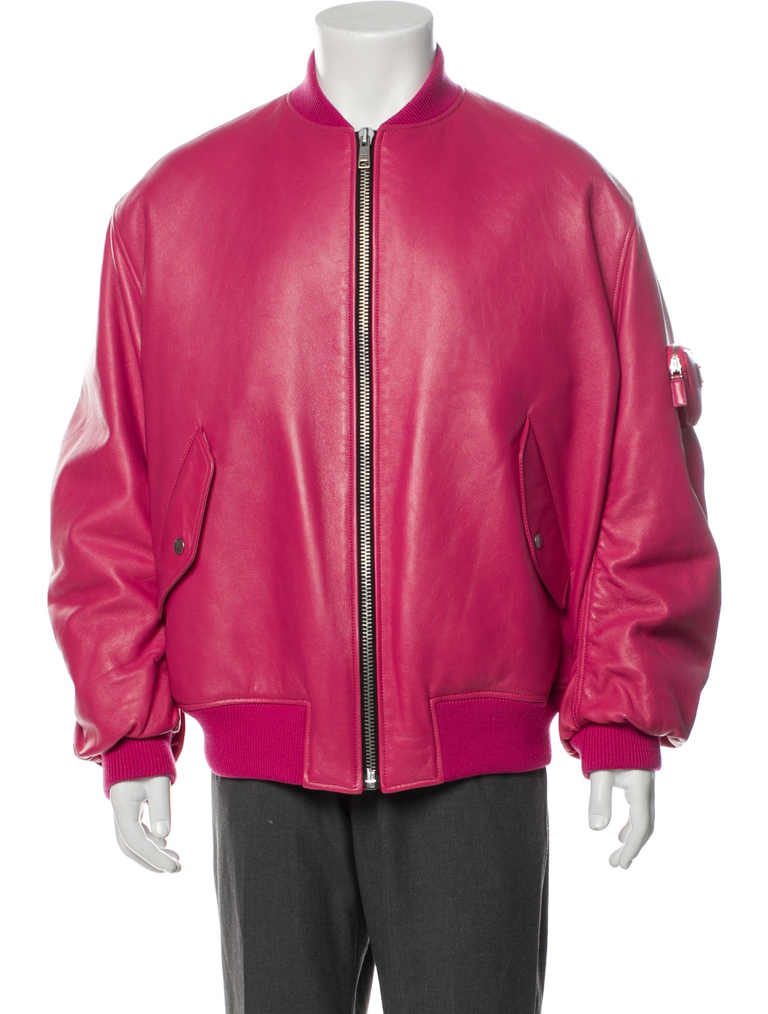 Prada 2021 Enameled Metal Triangle Bomber Jacket - Pink