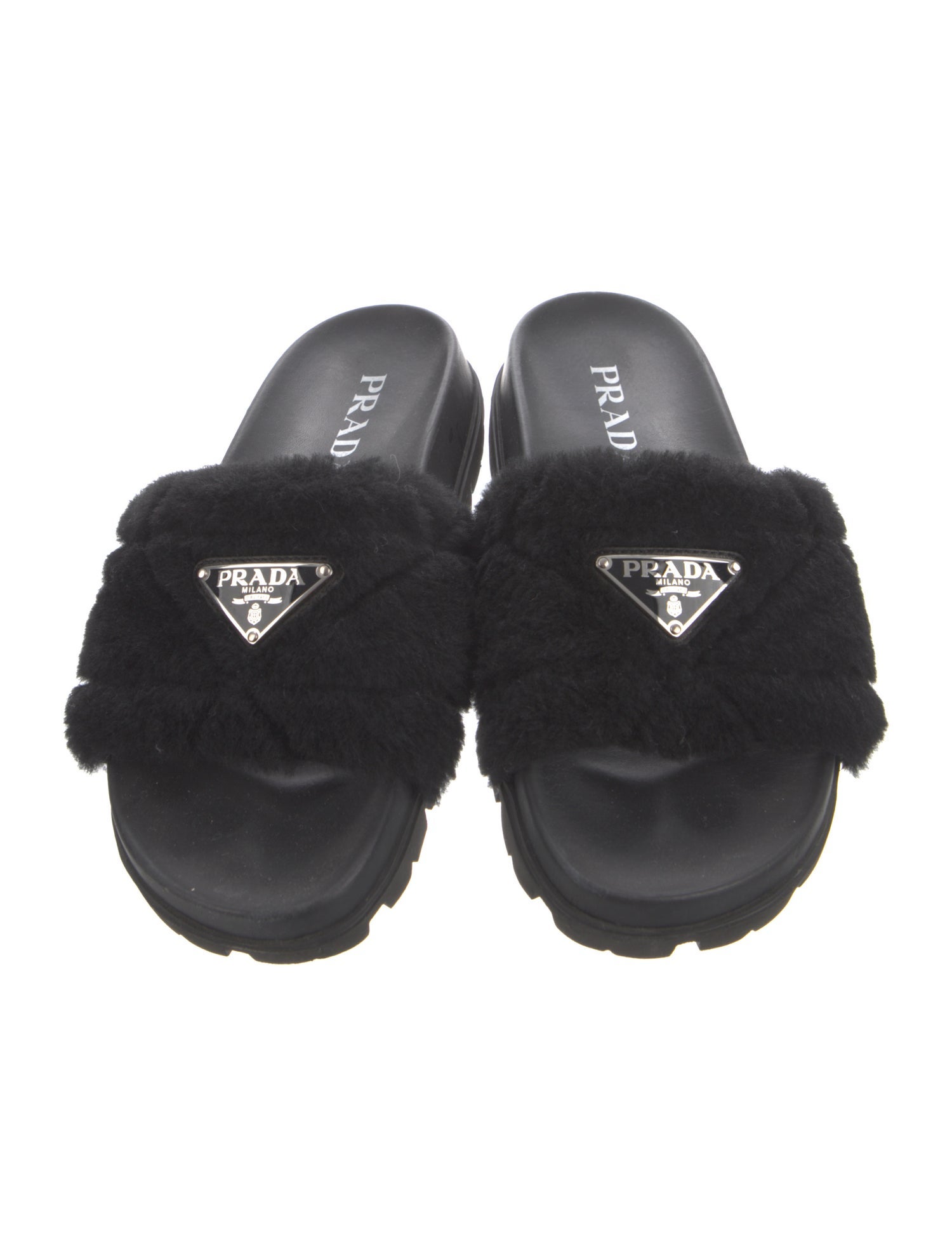 Prada Faux Fur Slides - Black Sandals, Shoes - PRA973301 | The