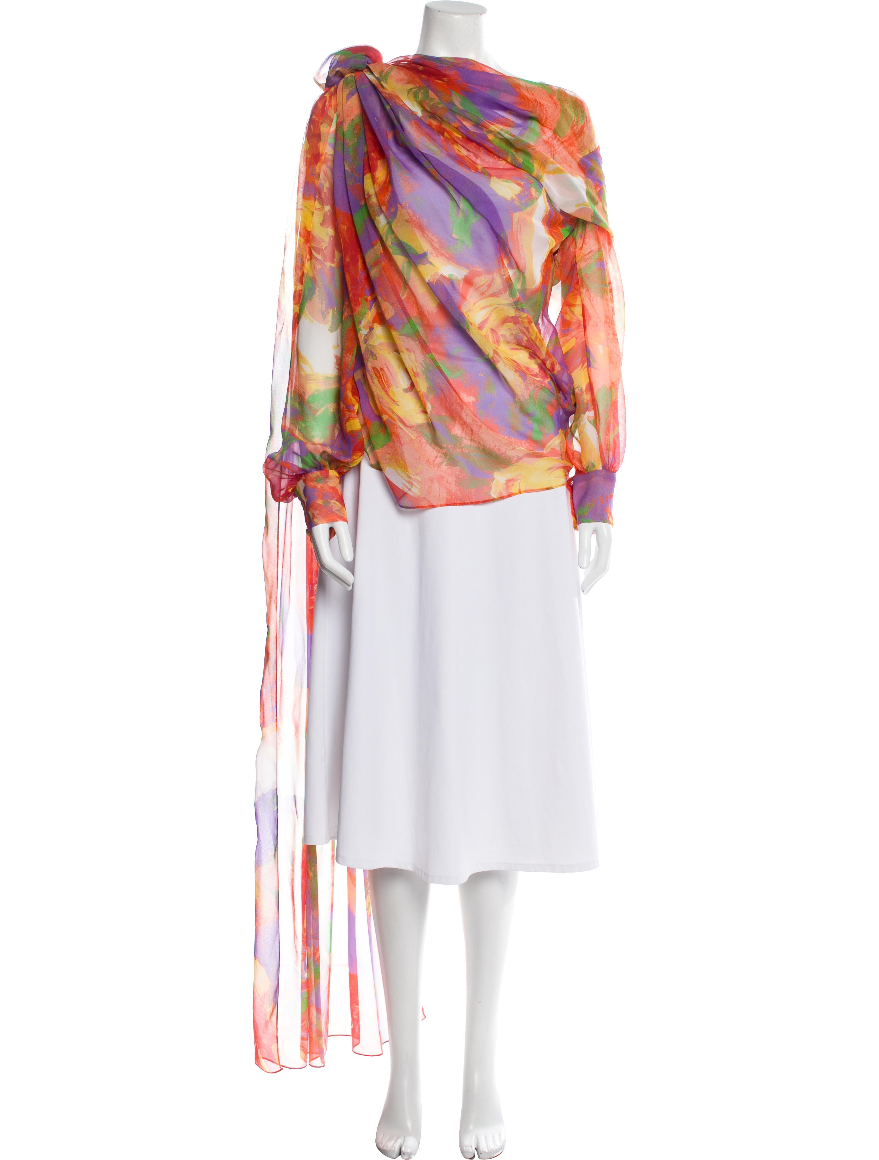 Prabal Gurung Womens Blue Sheer Ruffled Sleeves Printed Long Sleeve Tie Neck Evening Top main image 0