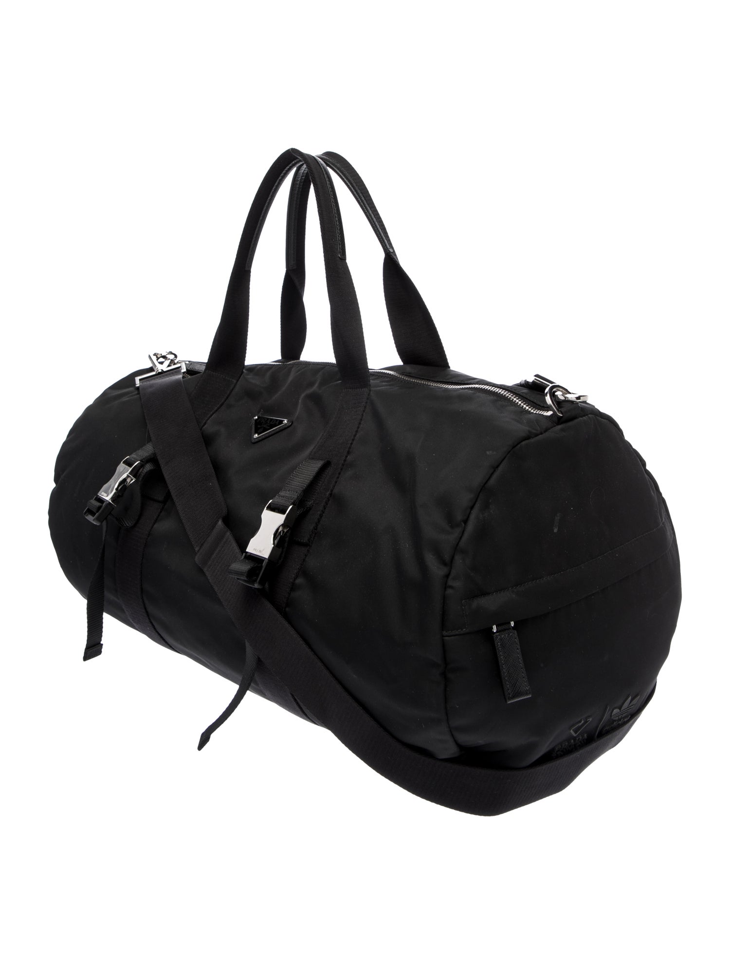 Prada x adidas Enameled Metal Triangle Weekender Bag - Black Prada x adidas Enameled Metal Triangle Weekender Bag - Black