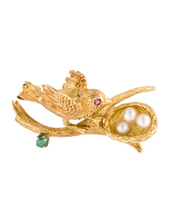 Peter Lindeman 18K Pearl, Emerald & Ruby Bird Nest Brooch