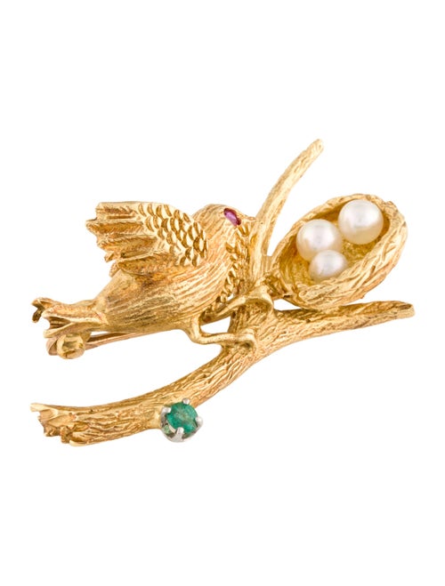 Peter Lindeman 18K Pearl, Emerald & Ruby Bird Nest Brooch