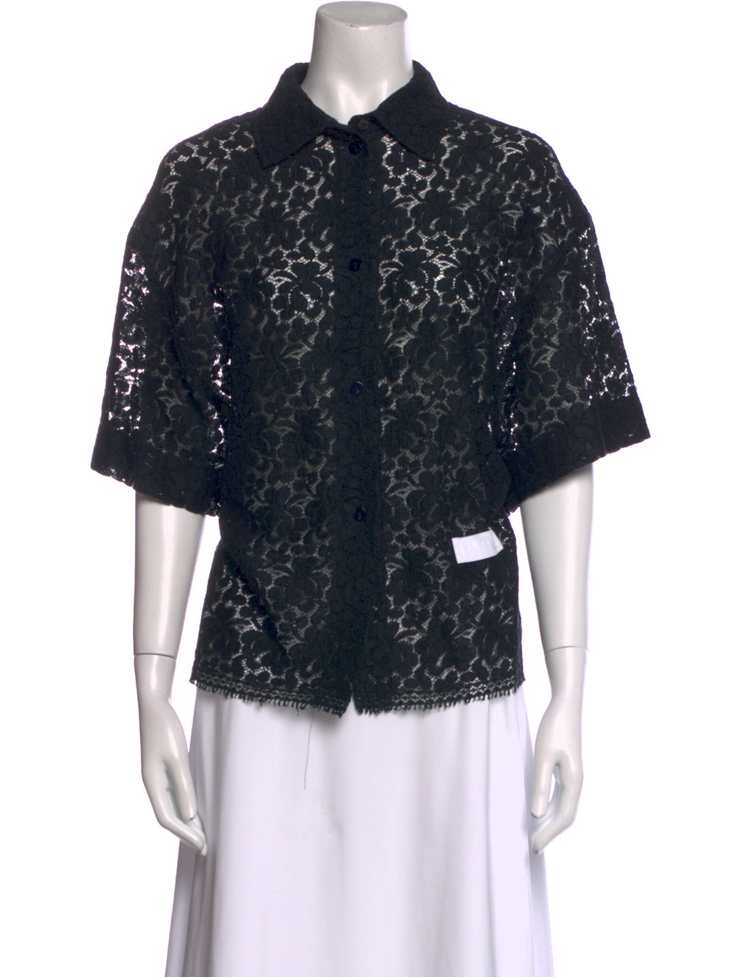 Patou Lace Pattern Three-Quarter Sleeve Button-Up Top