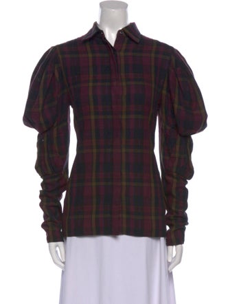 Ralph Lauren Collection Plaid Print Mock Neck Button-Up Top