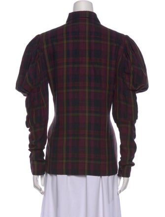 Ralph Lauren Collection Plaid Print Mock Neck Button-Up Top