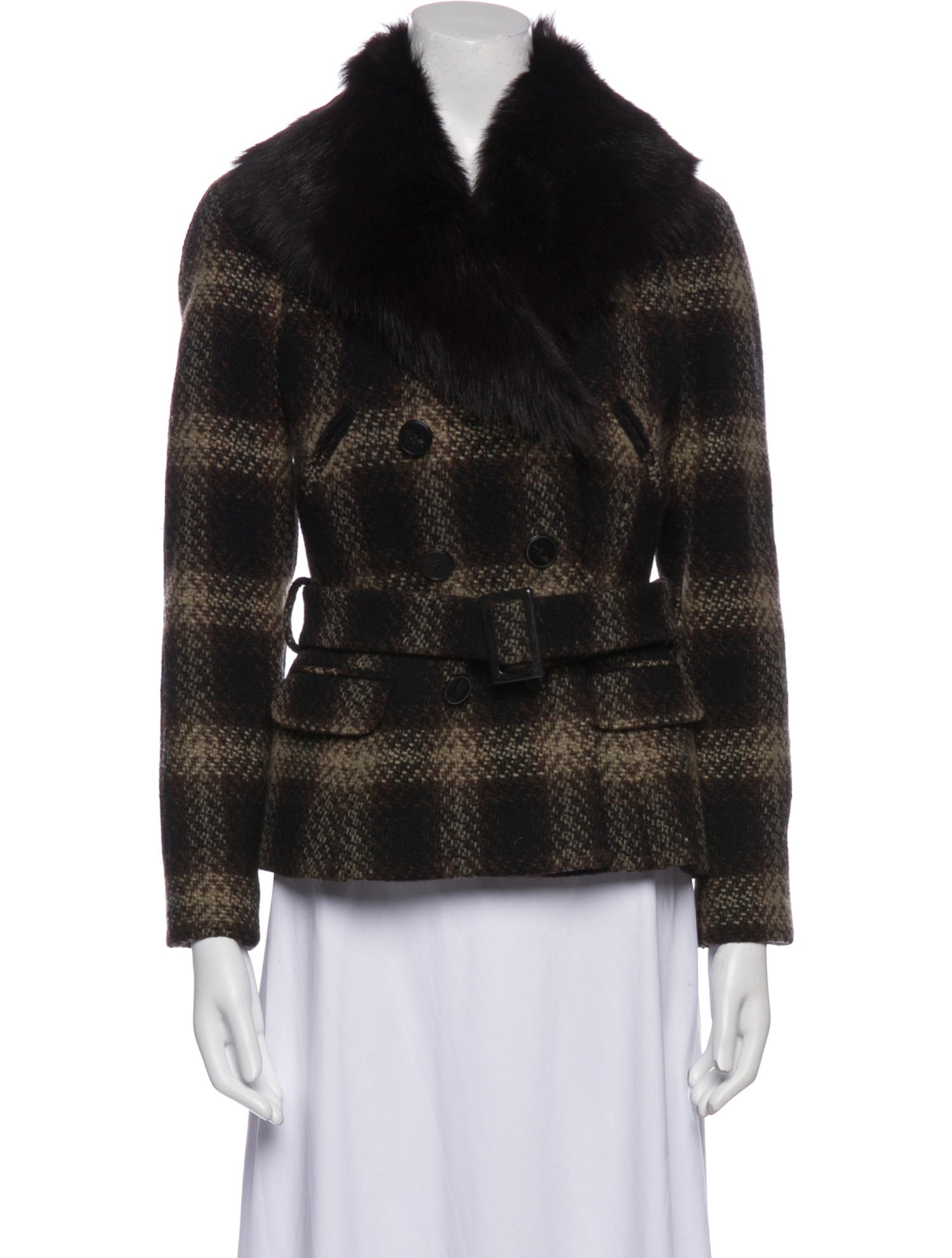 Ralph Lauren Collection Wool Plaid Print Fur Coat
