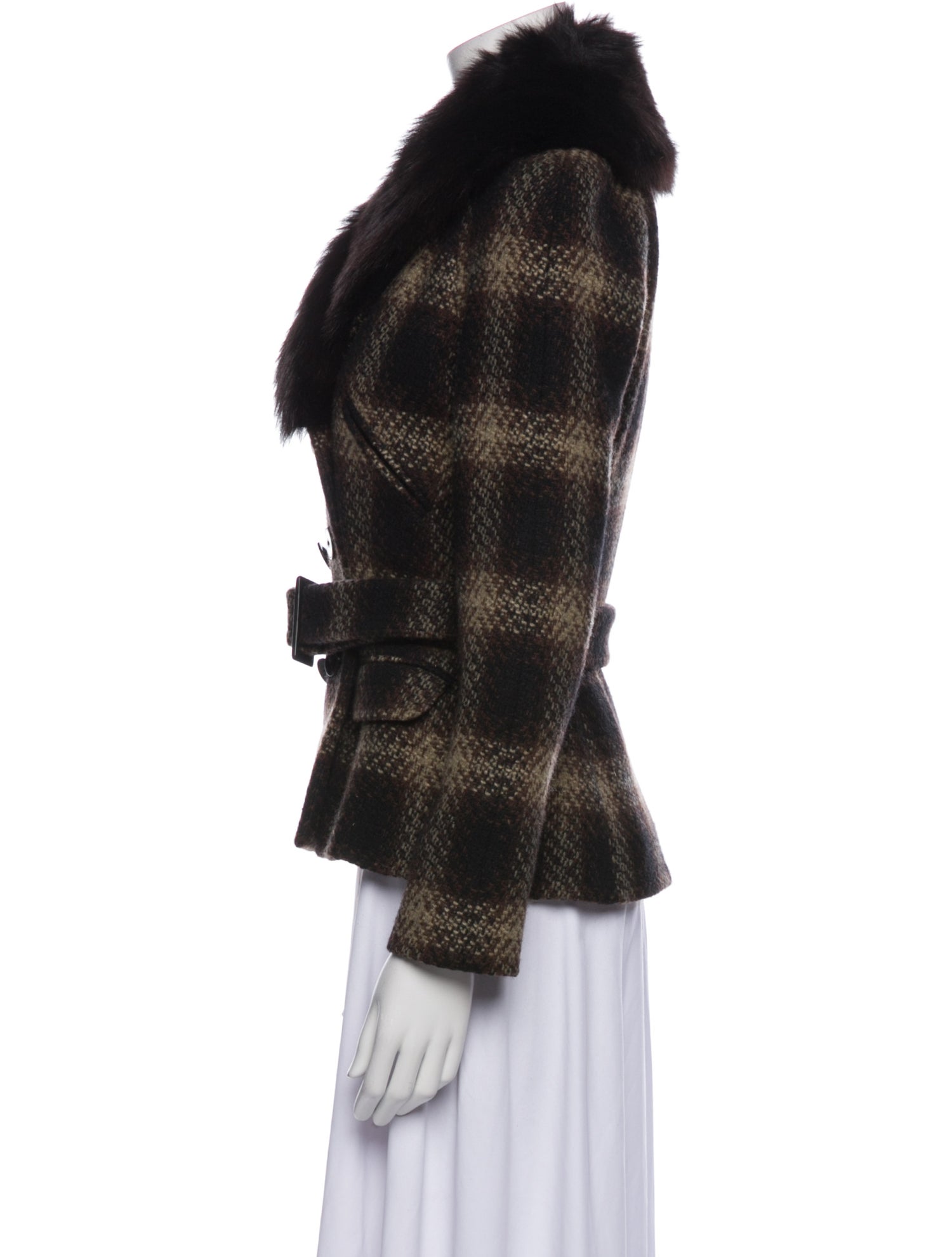 Ralph Lauren Collection Wool Plaid Print Fur Coat