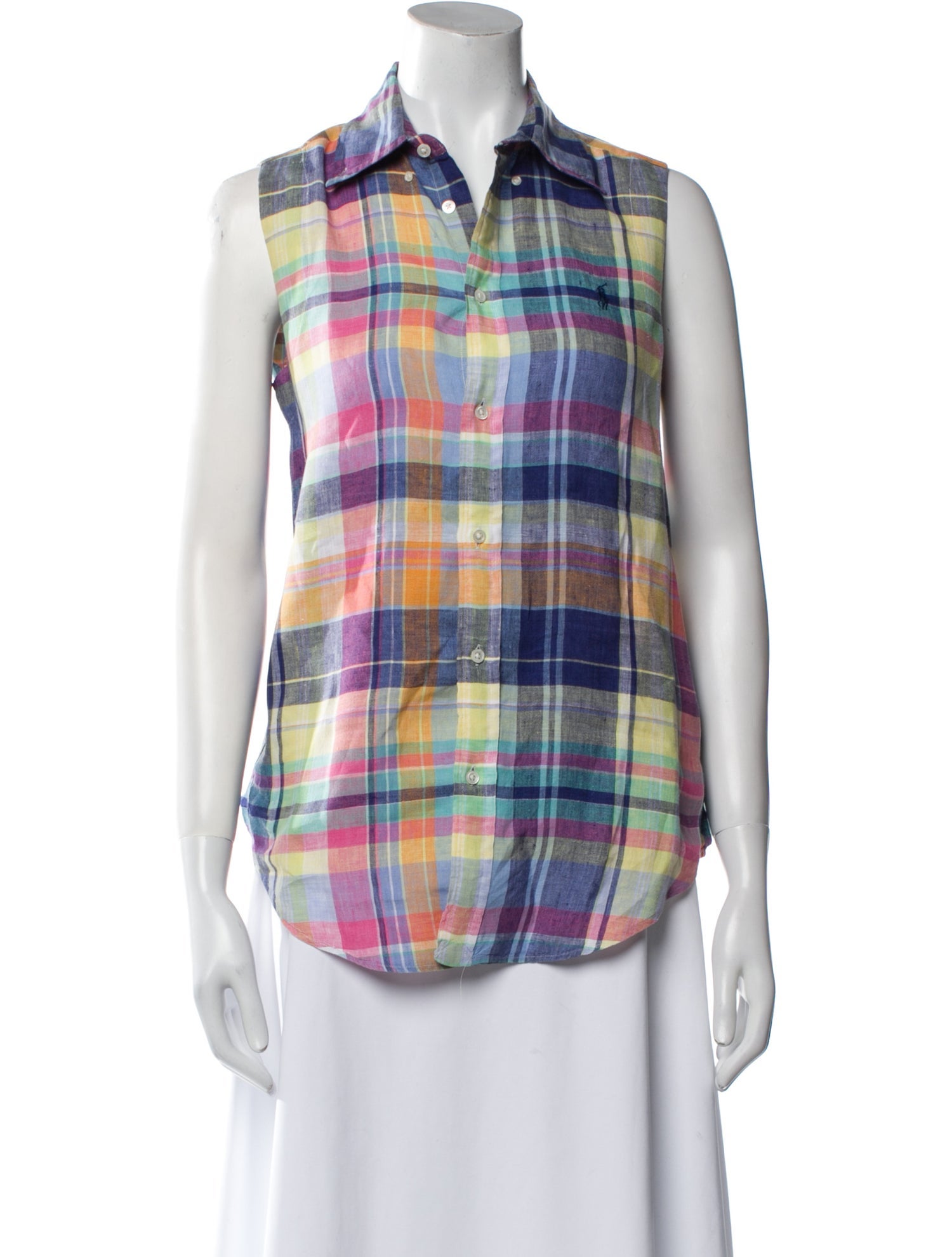 Ralph Lauren Collection Linen Plaid Print Button-Up Top