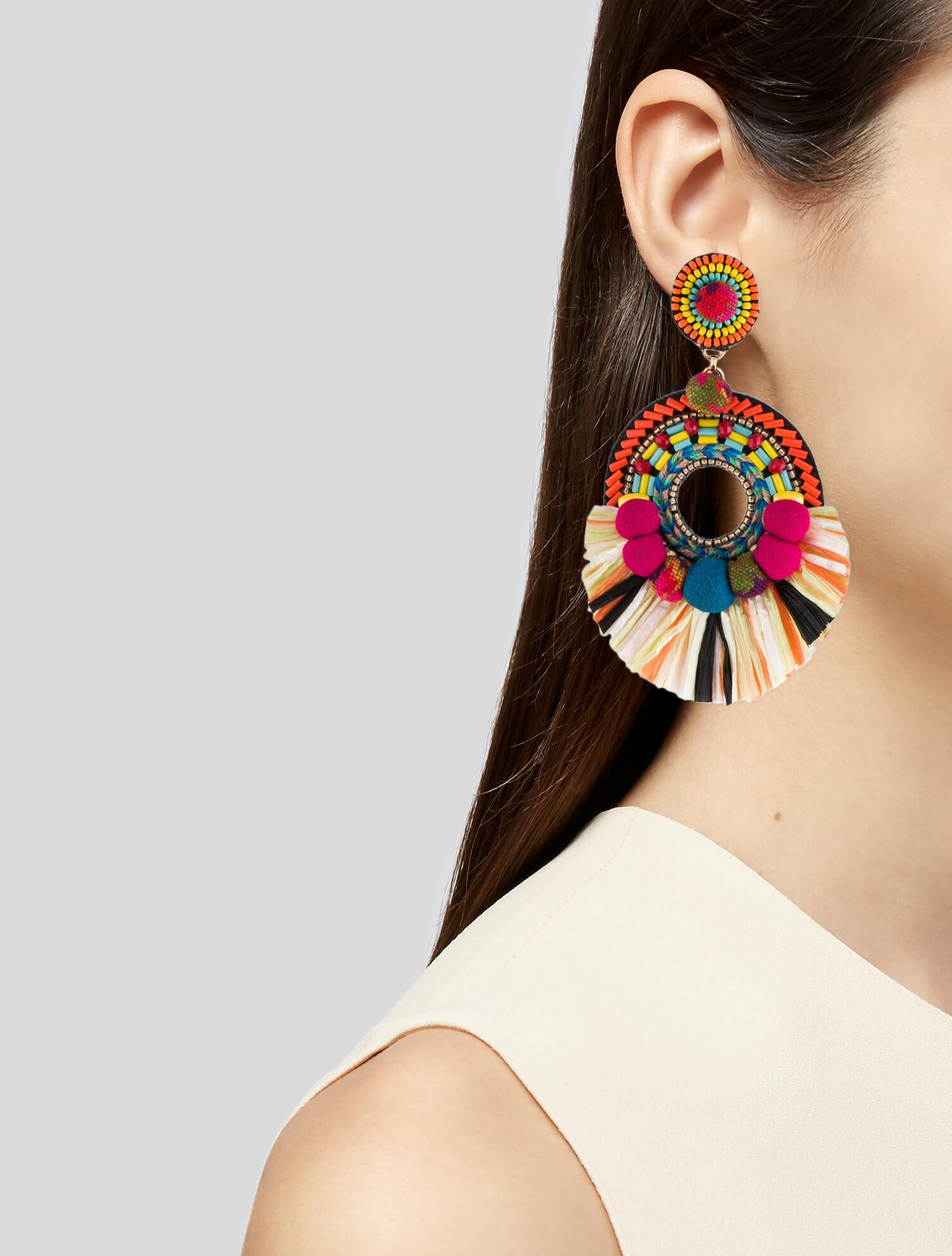 Ranjana Khan Bead, Fabric & Raffia Talia Clip-On Drop Earrings