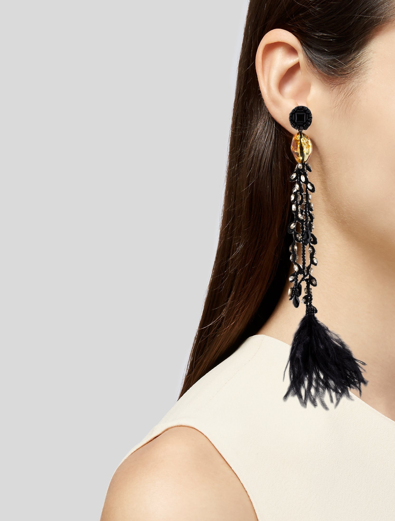 Ranjana Khan Bead, Crystal & Ostrich Feather Long Drop Earrings