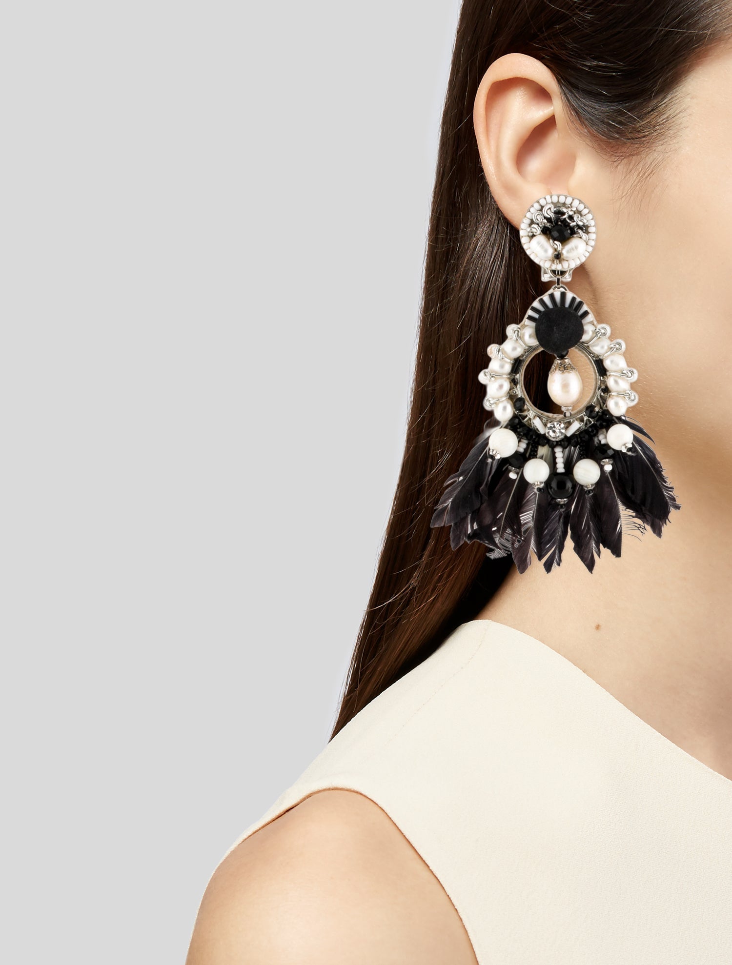 Ranjana Khan Pearl & Feather Drop Clip On Earrings