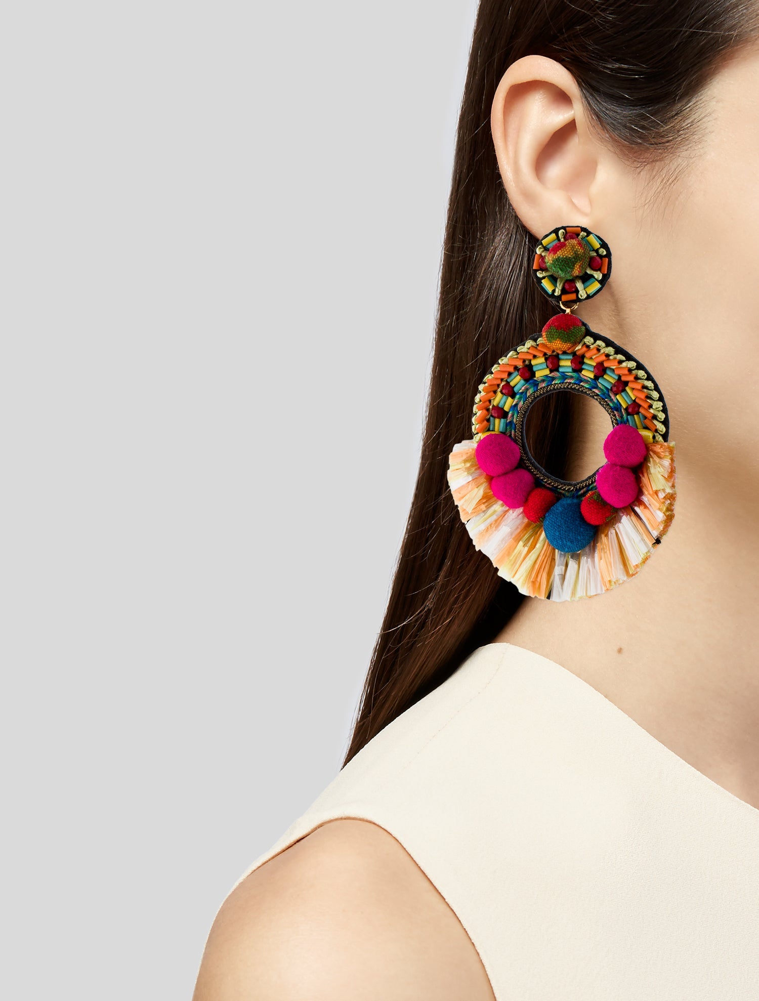 Ranjana Khan Raffia, Glass Bead, Fabric & Leather Drop Earrings