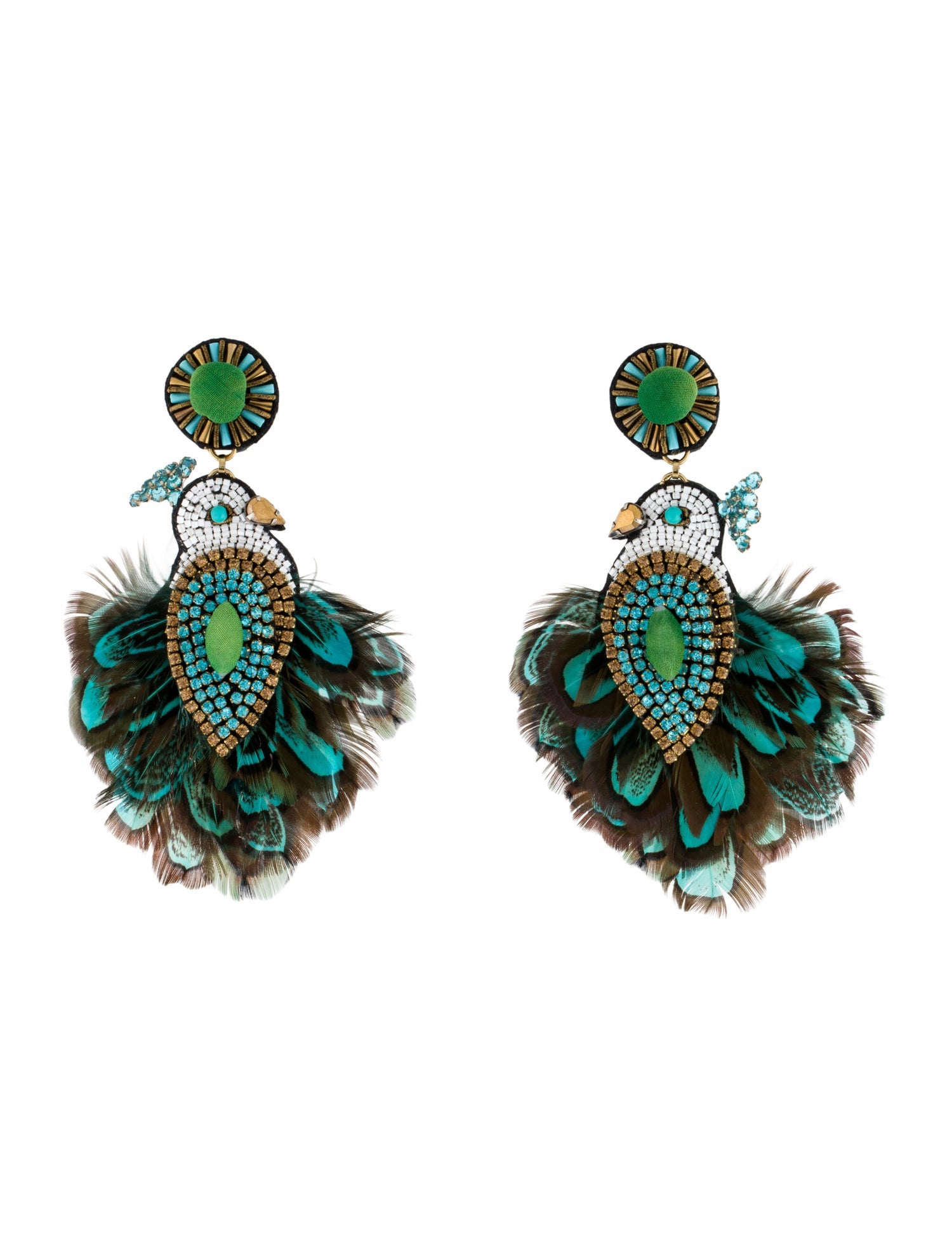 Ranjana Khan Peacock Feather and Crystal Drop Earrings
