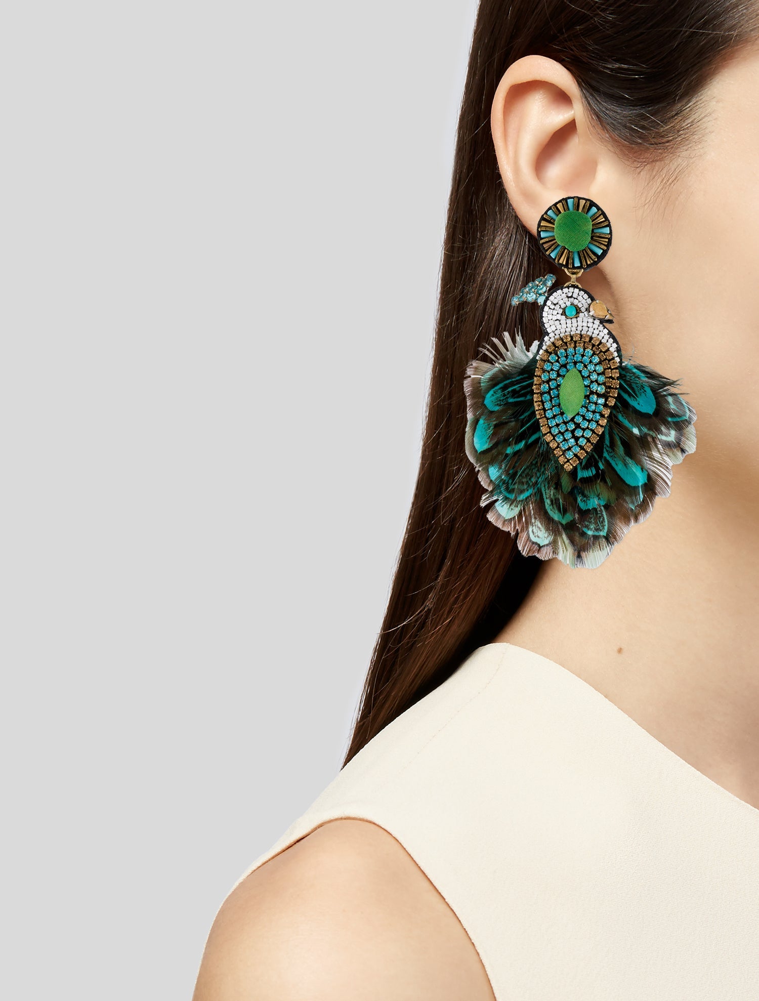 Ranjana Khan Peacock Feather and Crystal Drop Earrings