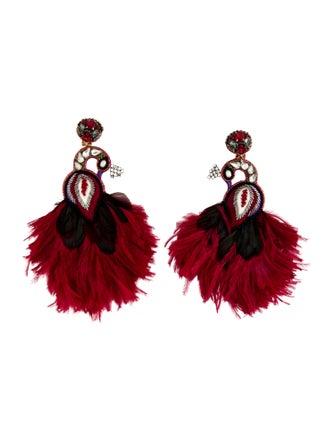 Ranjana Khan Crystal, Pearl,& Feather Swan clip On Drop Earrings