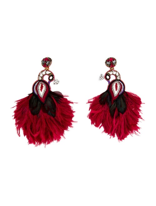 Ranjana Khan Crystal, Pearl,& Feather Swan clip On Drop Earrings