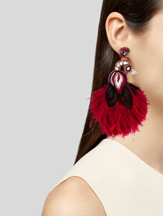 Ranjana Khan Crystal, Pearl,& Feather Swan clip On Drop Earrings