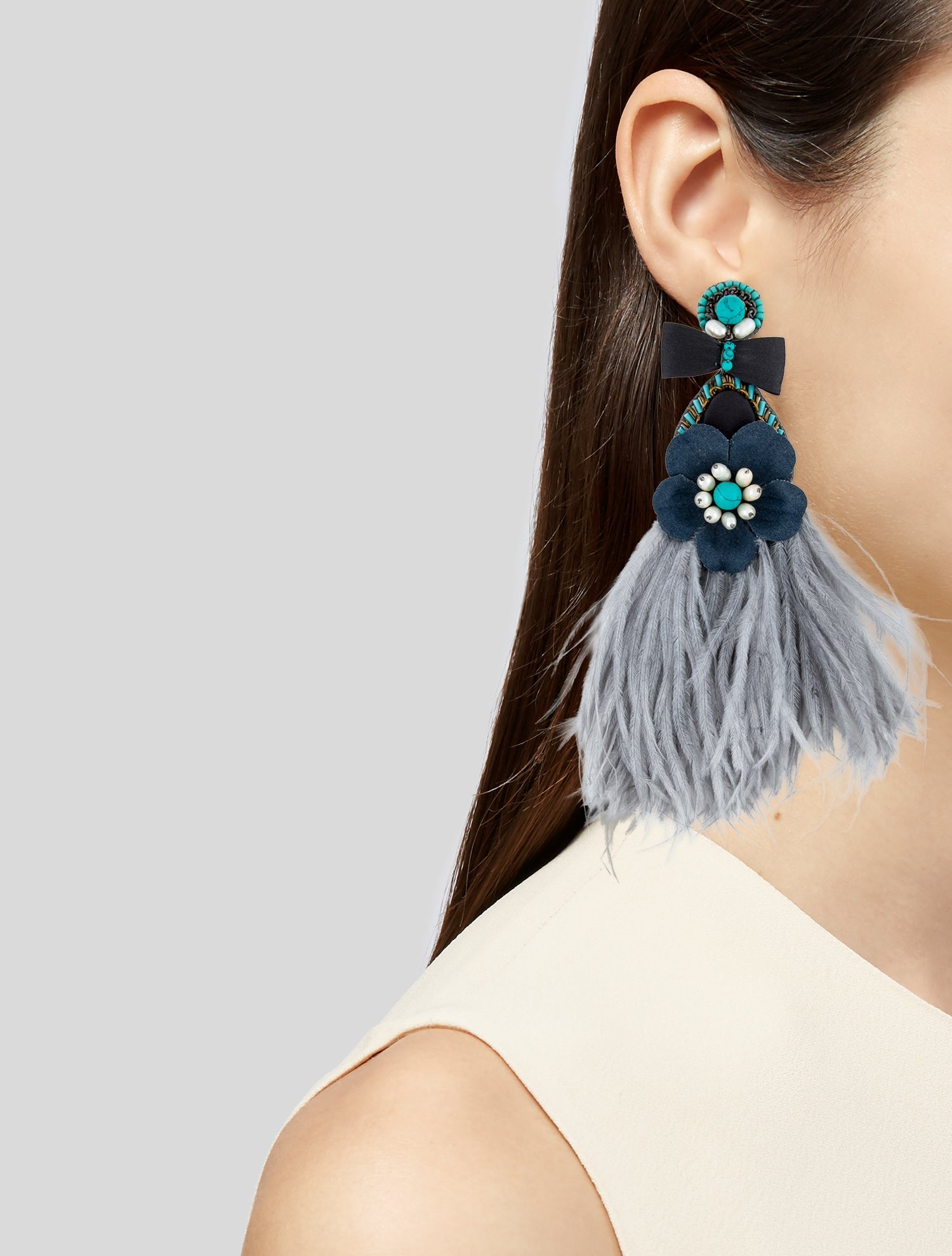 Ranjana Khan Crystal, Bead & Feather Drop Clip On Earrings