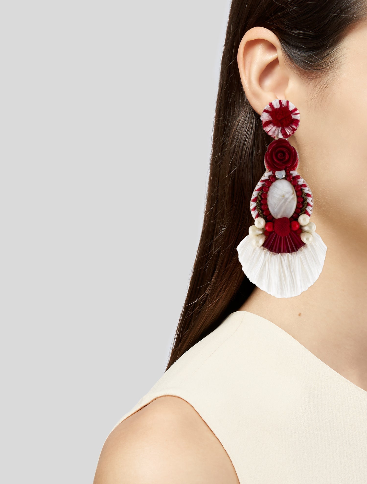 Ranjana Khan Raffia, Glass Bead, Fabric & Leather Drop Earrings