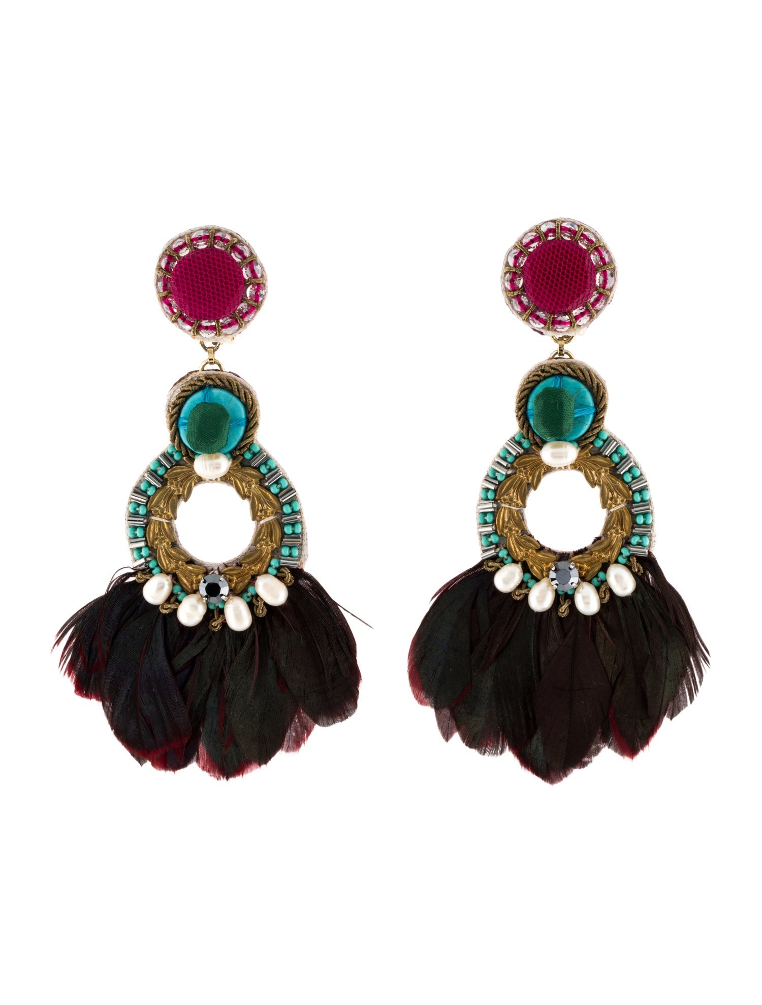 Ranjana Khan Pearl, Feather, Crystal & Bead Clip-On Drop Earrings