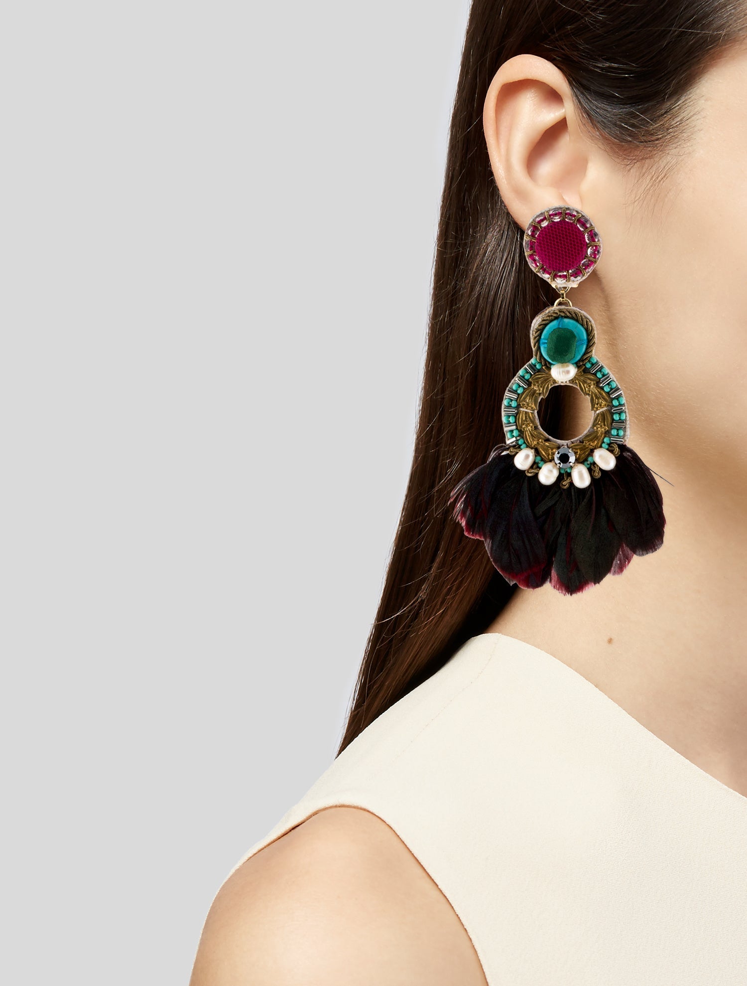 Ranjana Khan Pearl, Feather, Crystal & Bead Clip-On Drop Earrings